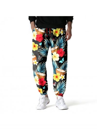 Casual Men Floral Printing Drawstring Loose Long Pants