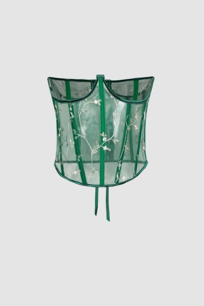Embroidery Mesh Lace-up Corset