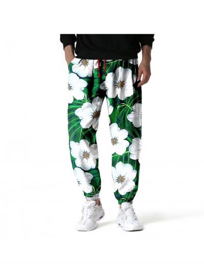 Casual Men Pockets Loose Drawstring Floral Long Pants