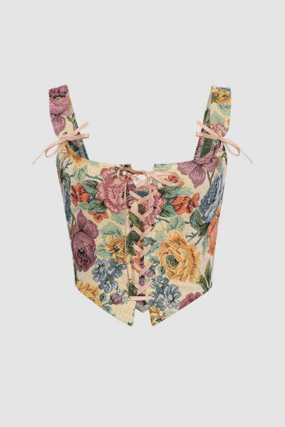 Retro Floral Tie On Front Corset Top