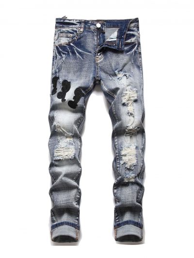 Personality Ripped Patch Denim Mid Waist Jeans