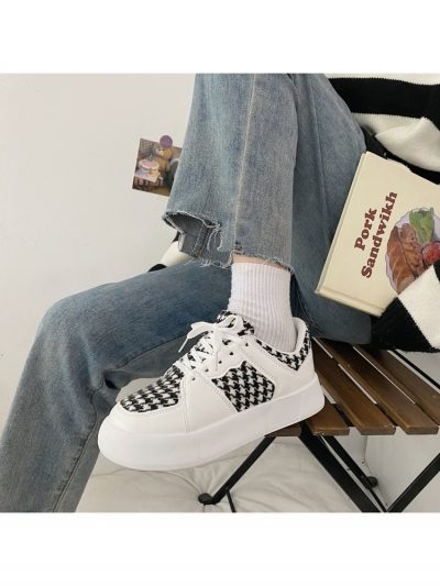 Casual Houndstooth Patch Round Toe Designer Sneakers