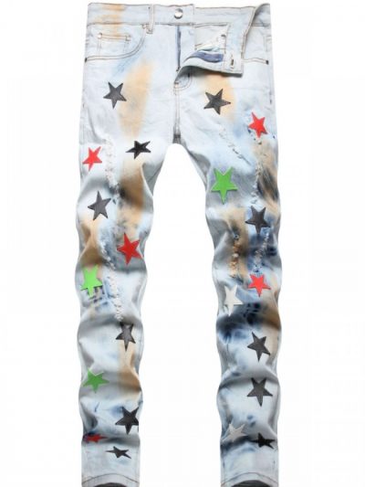 Men's Fashion Ripped Star Embroidered Jeans